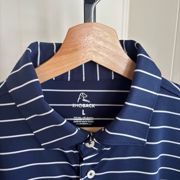 Rhoback Men’s L Golf Polo Shirt Blue White Stripe Performance Preppy Athleisure - Picture 1 of 7
